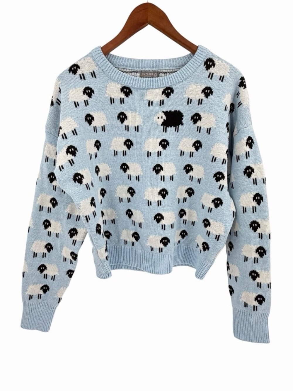 CUPCAKE CLOTHING LTD Women's Blue White Black Sheep Crew Neck Sweater Large